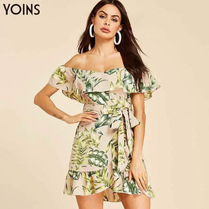 

YOINS 2019 Summer Women Dress Off Shoulder Sexy Floral Print Slit Hem Dresses Self-tie Streetwear Fashion Beach Vestidos Tunic