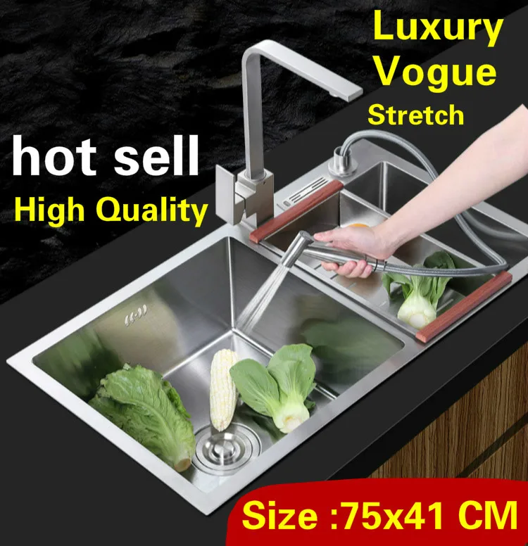 

Free shipping Apartment wash vegetables multifunction kitchen manual sink double groove 304 stainless steel hot sell 750x410 MM