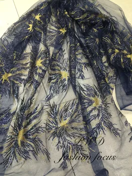 Navy blue and gold flower embroidered mesh material with glued glitter French net lace fabric for sexy dress
Navy blue and gold flower embroidered mesh material with glued glitter French net lace fabric for sexy dress