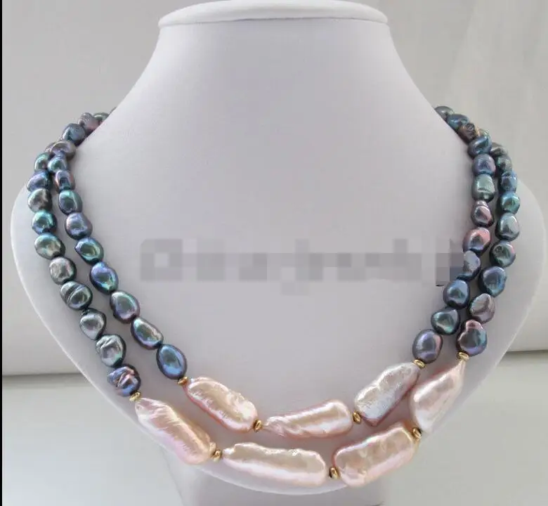 FREE SHIPPING>>> 2row 17"-18" 9mm black& 17-20mm baroque keshi reborn freshwater pearl necklace
