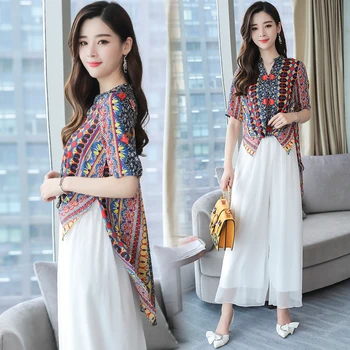 new Fashion women chiffon retro irregular print top blouse & white wide-legged pants two-piece clothing set casual lady outfit
new Fashion women chiffon retro irregular print top blouse & white wide-legged pants two-piece clothing set casual lady outfit