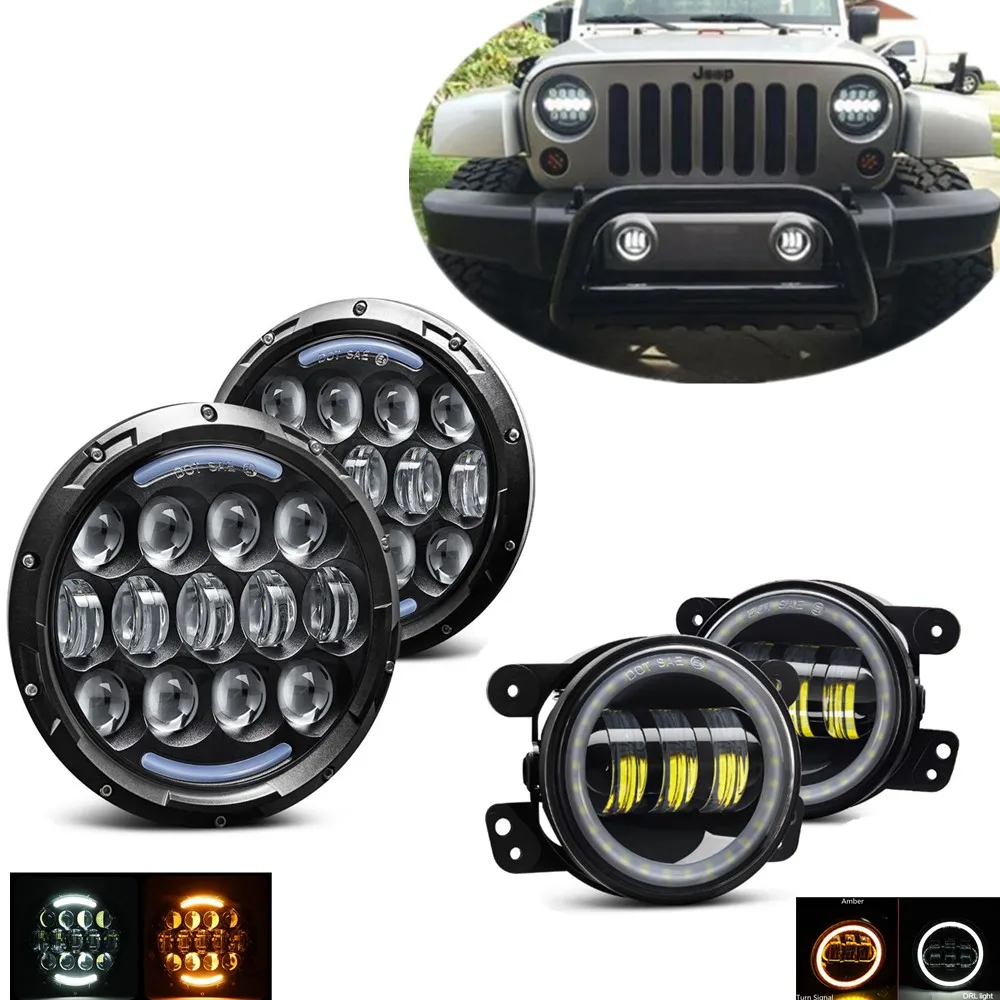 7 Inch LED Headlights 105W + 4 inch LED Fog Lights White DRL Halo Amber Turn Signal Lamp for Jeep Wrangler JK 97-18
7 Inch LED Headlights 105W + 4 inch LED Fog Lights White DRL Halo Amber Turn Signal Lamp for Jeep Wrangler JK 97-18