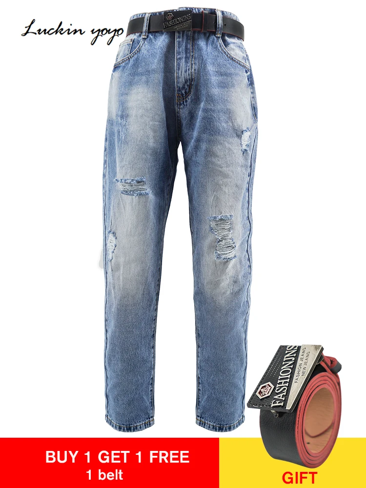 Luckinyoyo High Waist Fashion Boyfriend Jeans for Women Hole Vintage Girls Ripped Denim Trousers with one leather belt
Luckinyoyo High Waist Fashion Boyfriend Jeans for Women Hole Vintage Girls Ripped Denim Trousers with one leather belt