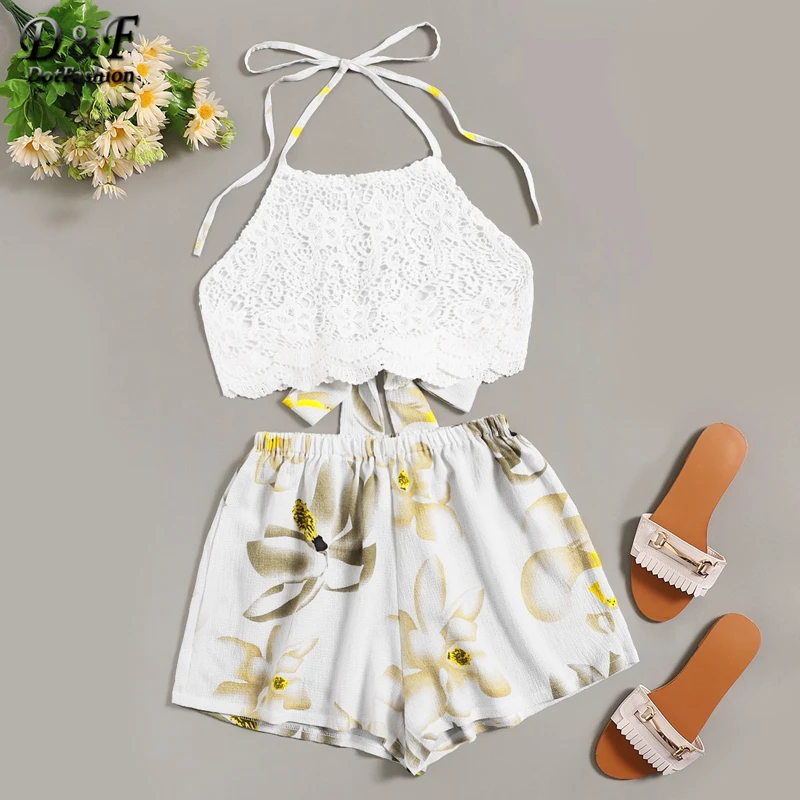Dotfashion Beige Knot Back Halter Lace Top With Floral Print Shorts Women 2019 Summer Boho Cami Top With Shorts Two Piece Outfit
Dotfashion Beige Knot Back Halter Lace Top With Floral Print Shorts Women 2019 Summer Boho Cami Top With Shorts Two Piece Outfit