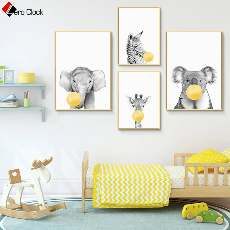 Zebra Elephant Giraffe Koala Canvas Painting Bubble Gum Poster Safari Animal Print Black and White Wall Art Baby Room Decor
Zebra Elephant Giraffe Koala Canvas Painting Bubble Gum Poster Safari Animal Print Black and White Wall Art Baby Room Decor