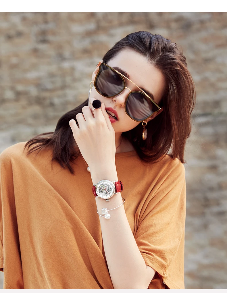 SEKARO Brand Women Mechanical Watches Diamond Ladies hand-winding Wristwatches Leather Fashion Skeleton Dial Gift for Female