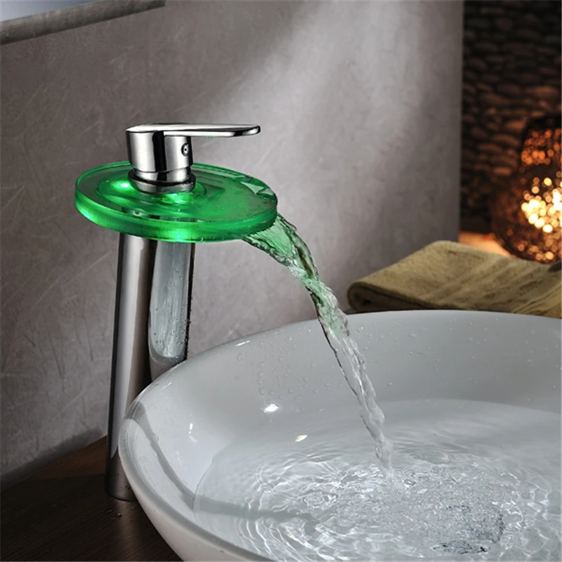 

Hydropower LED Color Changing Waterfall Spout Bathroom Faucet Brushed Nickel Mixer Tap LD8005-013A