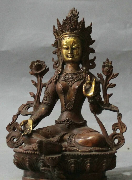 8" Tibet Buddhism Bronze Gold Seat Green Tara enlightenment Goddess Statue R0711 B0403