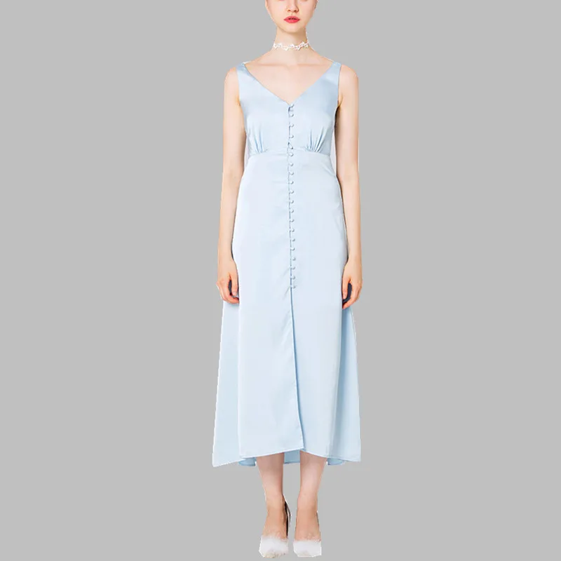 Summer Single Breasted Long Dress Elegant Sky Blue Women Sleeveless Sexy V Neck Holiday Beach Dress Slim Maxi Big Swing Dress
Summer Single Breasted Long Dress Elegant Sky Blue Women Sleeveless Sexy V Neck Holiday Beach Dress Slim Maxi Big Swing Dress