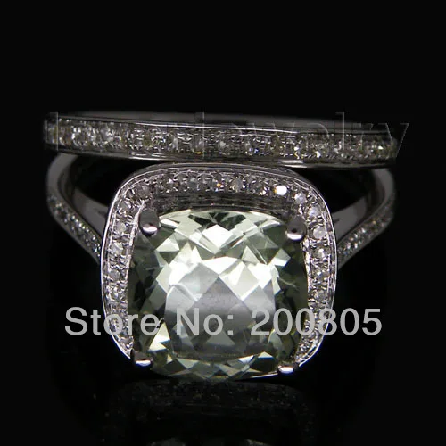 Image Cushion 14kt White Gold 5.18Ct Diamond Green Amethyst Matching Wedding Band Ring