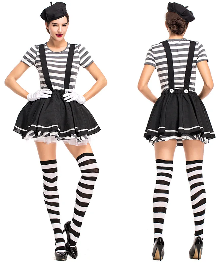 French Funny Clown Cosplay Costume Street Artist Women Sexy Costumes Halloween Clowns Striped Uniforms Adult Clothes S,M,L
French Funny Clown Cosplay Costume Street Artist Women Sexy Costumes Halloween Clowns Striped Uniforms Adult Clothes S,M,L
