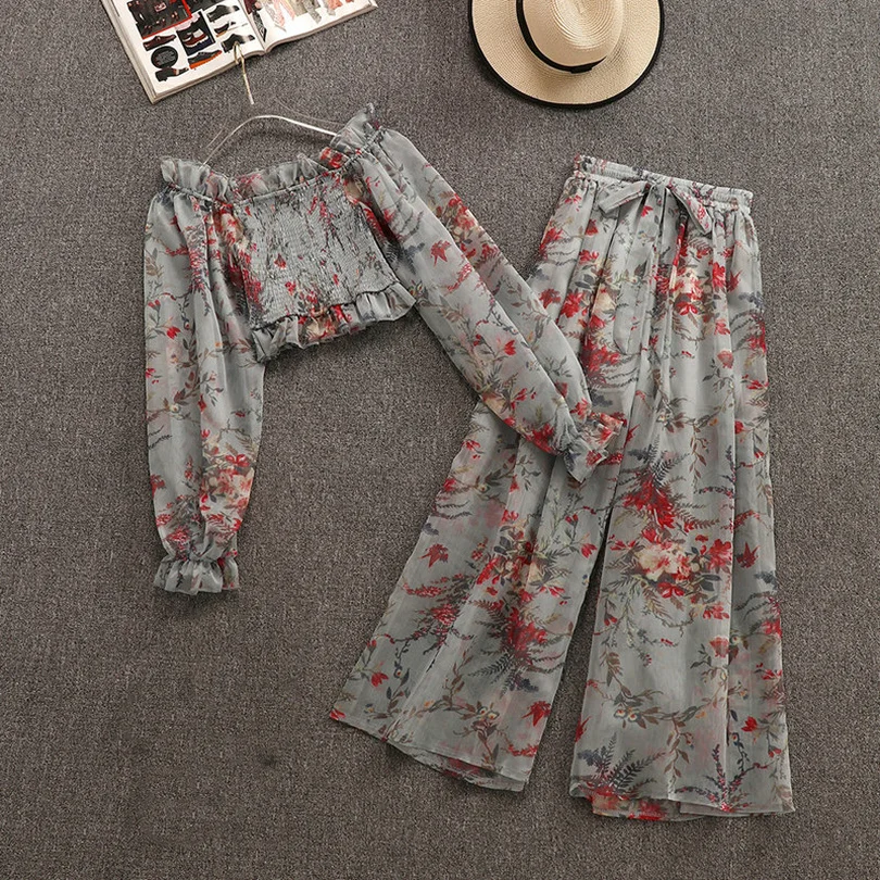 Taotrees Women Summer Slash Neck Long Sleeve Top +high Waist Wide Leg Pants Set 2 Piece Female Set 
Taotrees Women Summer Slash Neck Long Sleeve Top +high Waist Wide Leg Pants Set 2 Piece Female Set