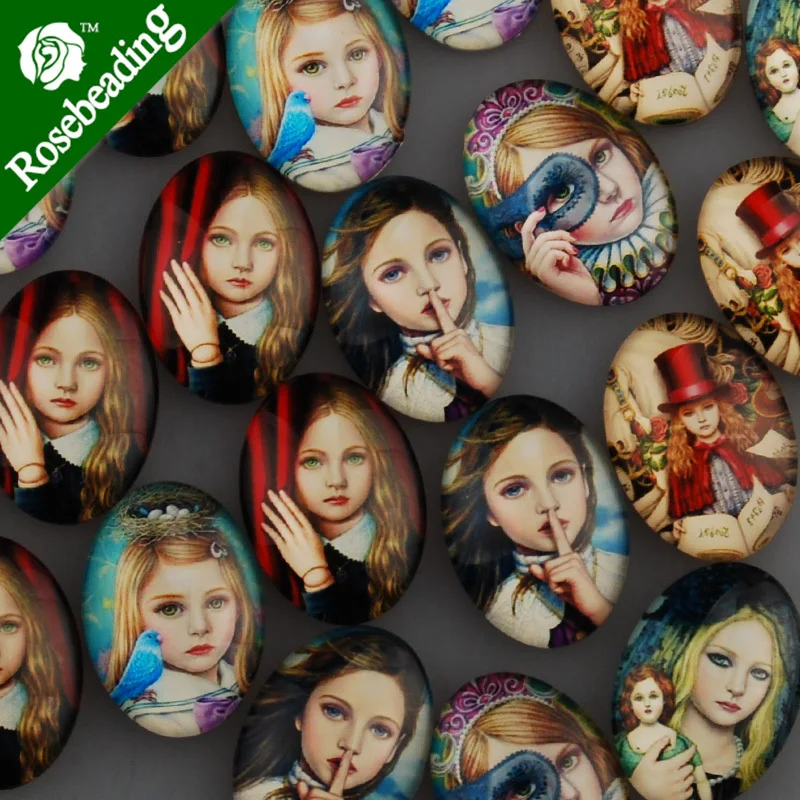 18x25mm oval pattern glass cabochon mixed pretty girl pictures flat back thickness 6mm sold 20pcs/lot-C4548 | Украшения и