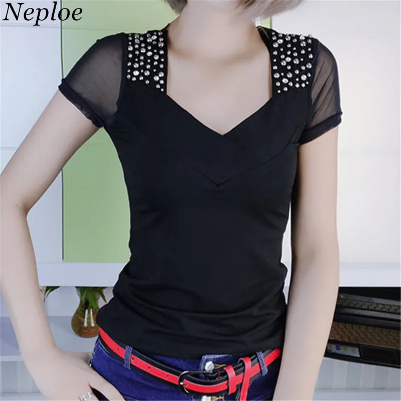 Neploe 2019 New Summer Women Tops Mesh Patchwork Diamonds T-shirts Short Sleeve Deep V-Neck Slim Female T Shirts 67778
Neploe 2019 New Summer Women Tops Mesh Patchwork Diamonds T-shirts Short Sleeve Deep V-Neck Slim Female T Shirts 67778