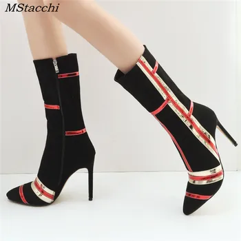 Mstacchi Women Mid-calf Botas Mujer Flock Striped Patchwork High Heel Boots Zipper-Side Pointed Toe Woman Boots Large Size 33-46
Mstacchi Women Mid-calf Botas Mujer Flock Striped Patchwork High Heel Boots Zipper-Side Pointed Toe Woman Boots Large Size 33-46