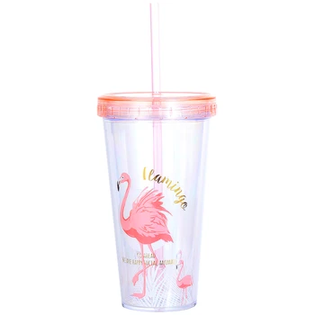 

380ml Flamingo Straw Mug Transparent Flat Cover Cold Drink Cup European Juice Cup Leisure Beach Coke Cup Funny Mug