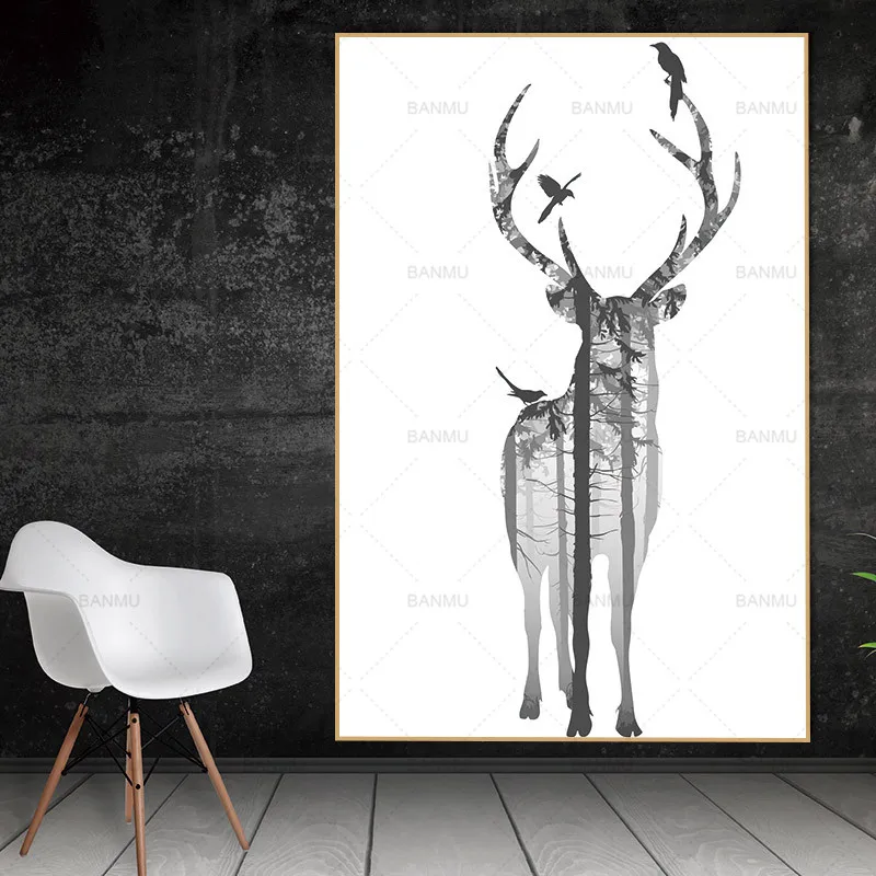 

Nordic poster print Natural deer Forest Canvas Painting Scandinavian Abstract Wall Pictures Room Art Decoration Pictures