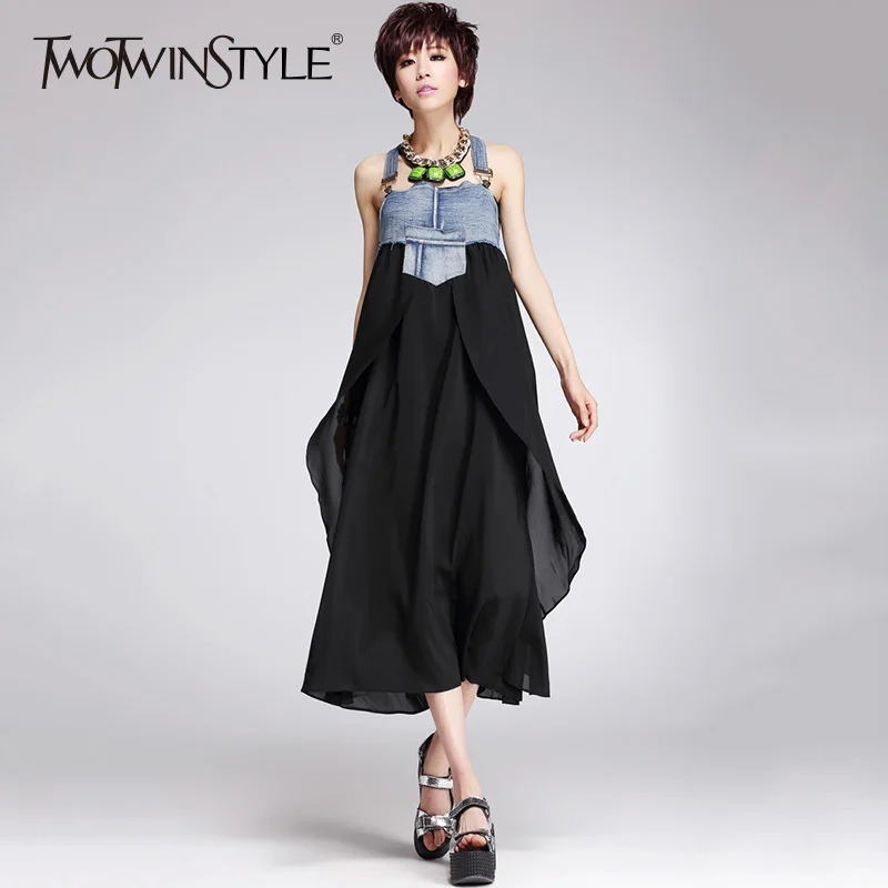 TWOTWINSTYLE Sleeveless Dress Female Denim Chiffon Patchwork Backless High Waist Irregular Midi Dresses 2019 Spring Large Size
TWOTWINSTYLE Sleeveless Dress Female Denim Chiffon Patchwork Backless High Waist Irregular Midi Dresses 2019 Spring Large Size