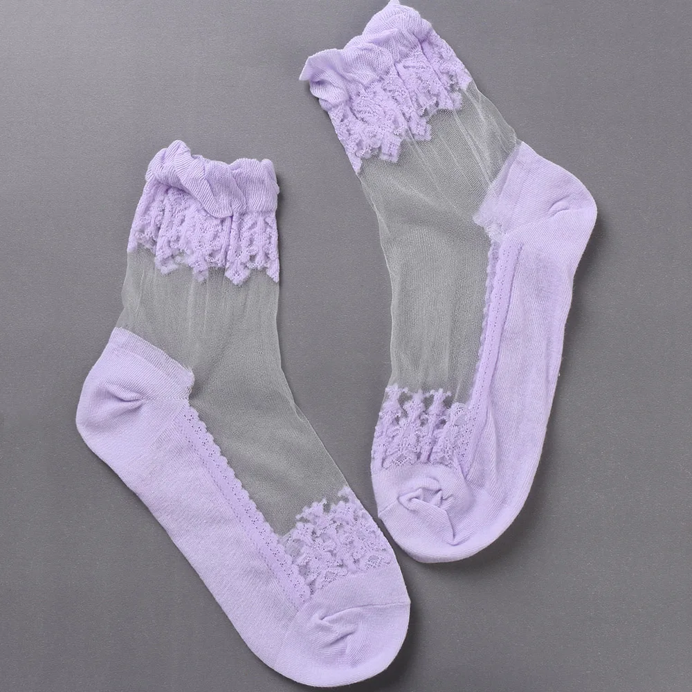 

1Pair Women Transparent Women's drop ship socks Lace Ruffle Ankle Sock Soft Sheer Silk Cotton Elastic Mesh Knit Frill Trim