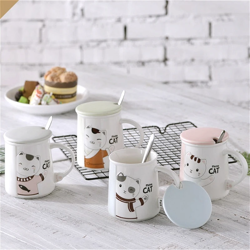 Фото 300ML cute cat milk mug Japanese style ceramic coffee cup with lid spoon cartoon breakfast cups gift mugs | Дом и сад