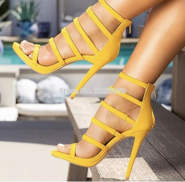 

ALMUDENA Yellow Suede Sexy Strappy Sandals Covered Heel Back Zipper Dress High Heel Shoes Nightclub Gladiator Pumps Dropship