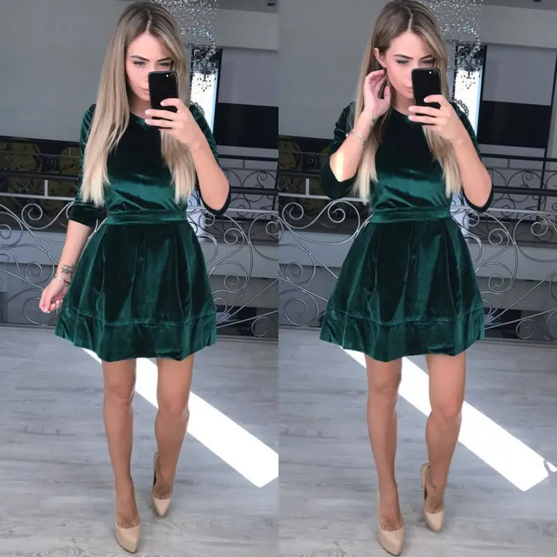 Elegant Casual Velvet Dresses Women 2017 Autumn (8)