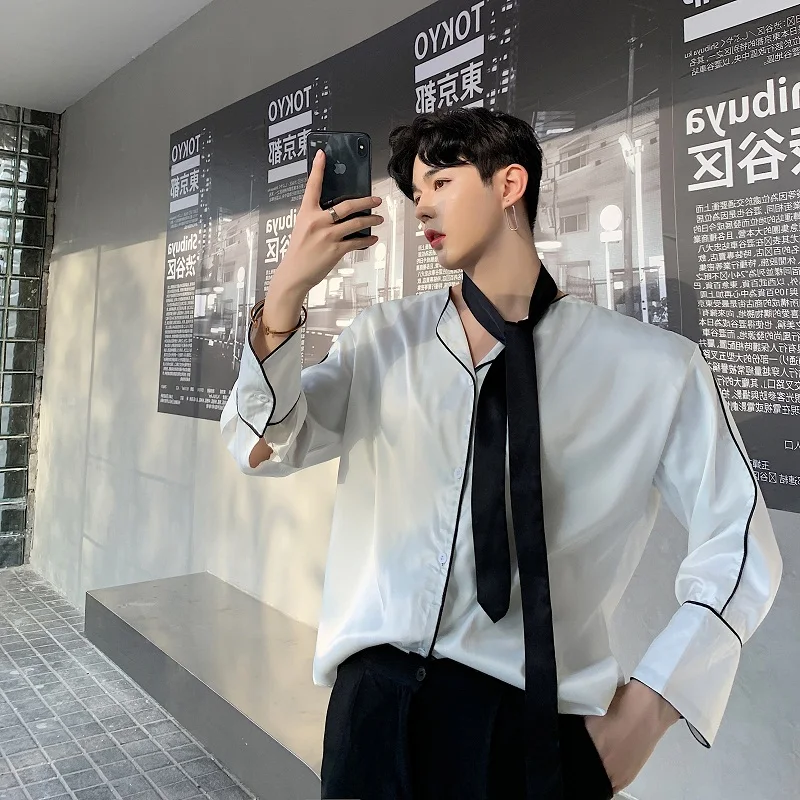 Men Tie Long Sleeve Loose Casual Shirts Male Vintage Fashion Streetwear Hip Hop Party Dress Shirts Stage Show Costumes Harajuku
Men Tie Long Sleeve Loose Casual Shirts Male Vintage Fashion Streetwear Hip Hop Party Dress Shirts Stage Show Costumes Harajuku