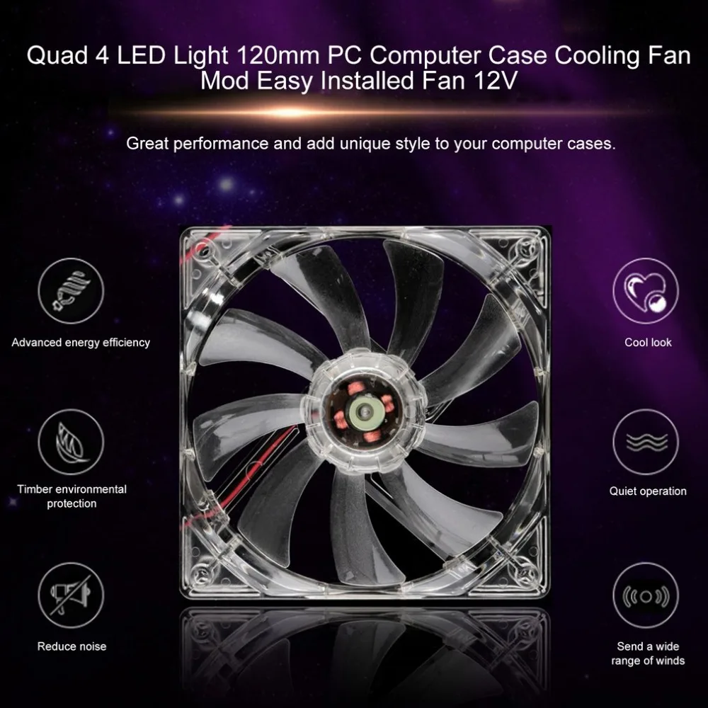 PC Computer Fan 4 LED Light Quad 120mm PC Computer Case Cooling Fan Mod Quiet Molex Connector Easy Installed Cooler 12V
PC Computer Fan 4 LED Light Quad 120mm PC Computer Case Cooling Fan Mod Quiet Molex Connector Easy Installed Cooler 12V