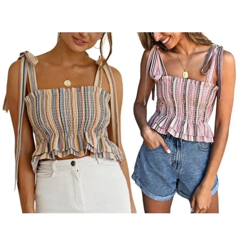 

Womens Sexy Tie Shoulder Straps Crop Top Pleated Ruffles Frill Smocked Bandeau Camisole Contrast Colored Striped Beach Slim Vest