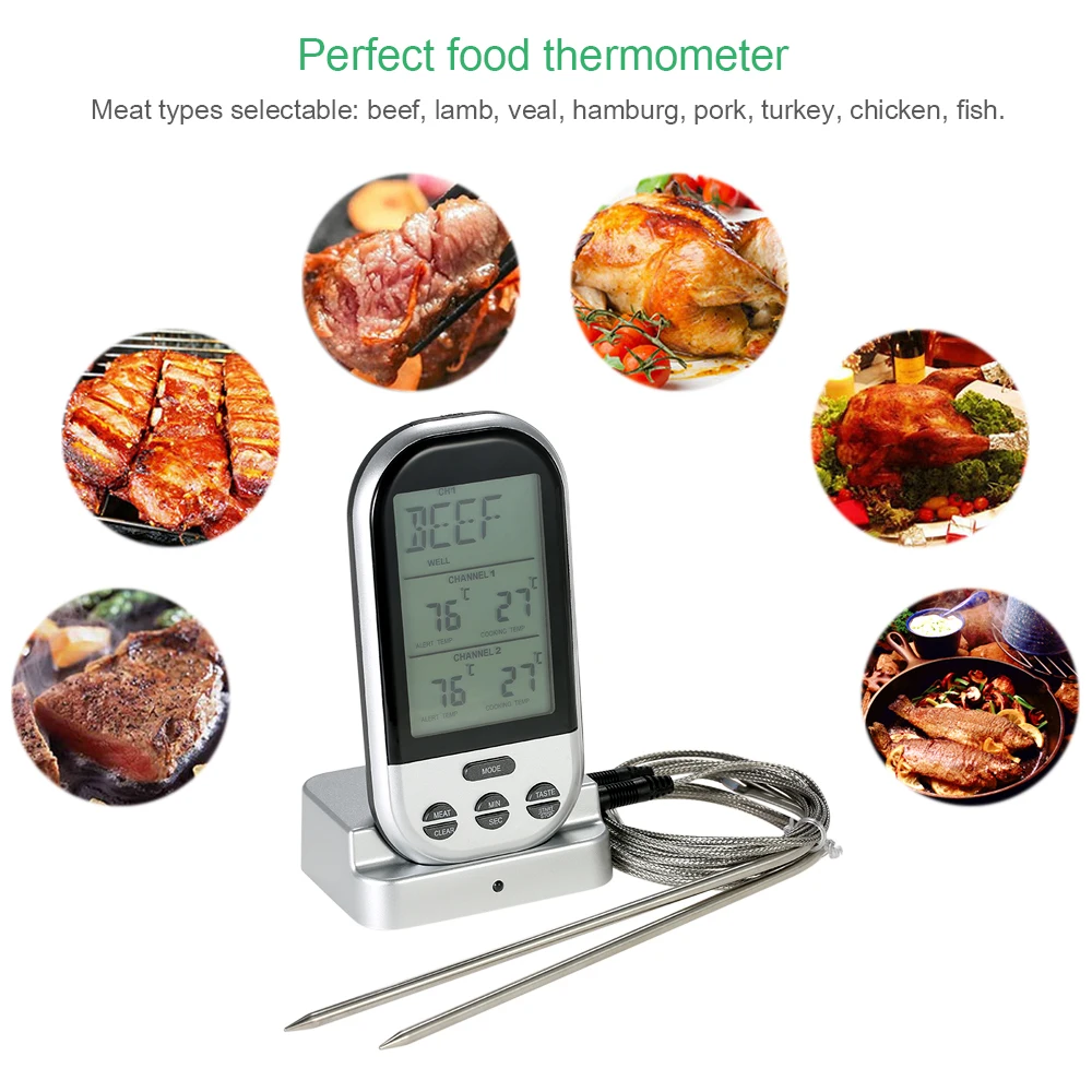 Backlight LCD Temperature Gauge with Transmission Dual Probes Wireless Digital Food BBQ Cooking Thermometer Timer
Backlight LCD Temperature Gauge with Transmission Dual Probes Wireless Digital Food BBQ Cooking Thermometer Timer