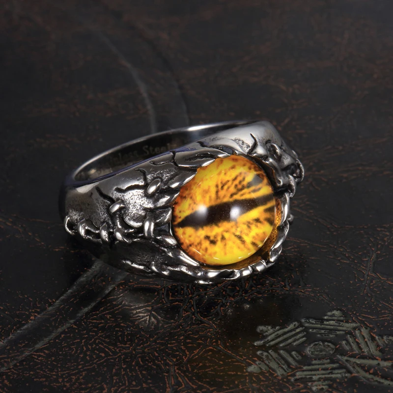 Qevila Hot sales Vintage Punk Yellow Red Dragon EYES Men Rings Stainless Steel Hyperbole Skull unique ring for Men Jewelry Gifts (10)