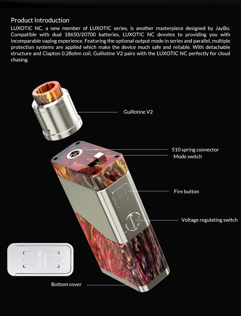 USA Warehouse Original WISMEC lUXOTIC NC Dual 20700 Kit 250W With Guillotine V2 RDA Premade Clapton 0.28ohm coil E cigs vape kit