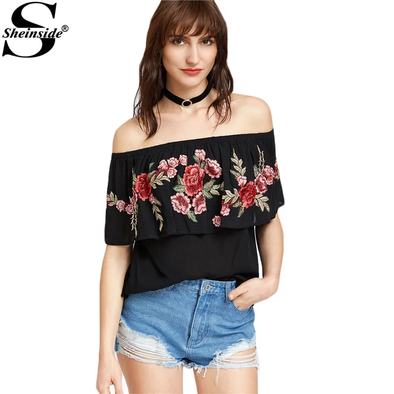 Image Sheinside Off Shoulder Ruffle Blouses Women 2017 Black Rose Patch Vintage Boho Summer Tops Fashion Sexy Draped Embroidery Blouse