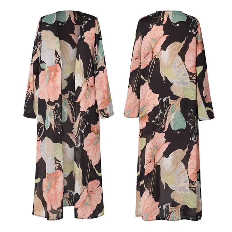 Women Long Sleeve Rash Guards Floral Printed Veil Shawl Beachwear Chiffon Cardigan Tops Cover Up Blouse clothing bikini #3j16#F (3)