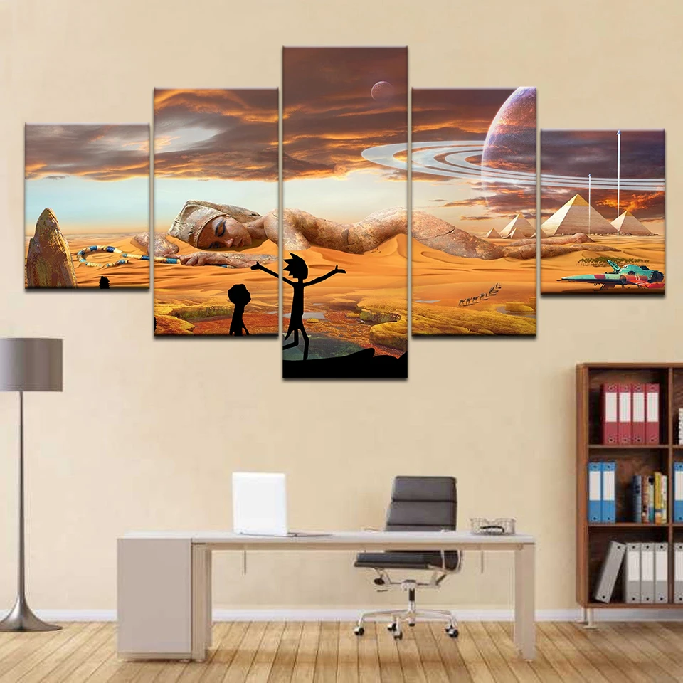 5piece-Poster-Canvas-Rick-and-Morty-in-Giant-Girl-Egypt-Pyramids-wall-posters-Art-Painting-For