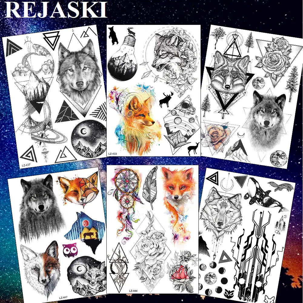 REJASKI Long Lasting Geometic Wolf Temporary Tattoos For Women Men Sticker Mountain Feather Animal Fake Tatoo Art Fox Tattoo Arm
REJASKI Long Lasting Geometic Wolf Temporary Tattoos For Women Men Sticker Mountain Feather Animal Fake Tatoo Art Fox Tattoo Arm