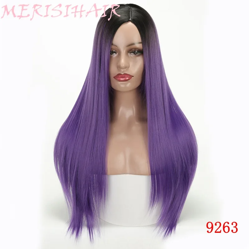 MERISI HAIR Long Straight Ombre Purple Heat Resistant Synthetic Hair Wigs For Women 7 Colors Available High Temperature Fiber (4)_
