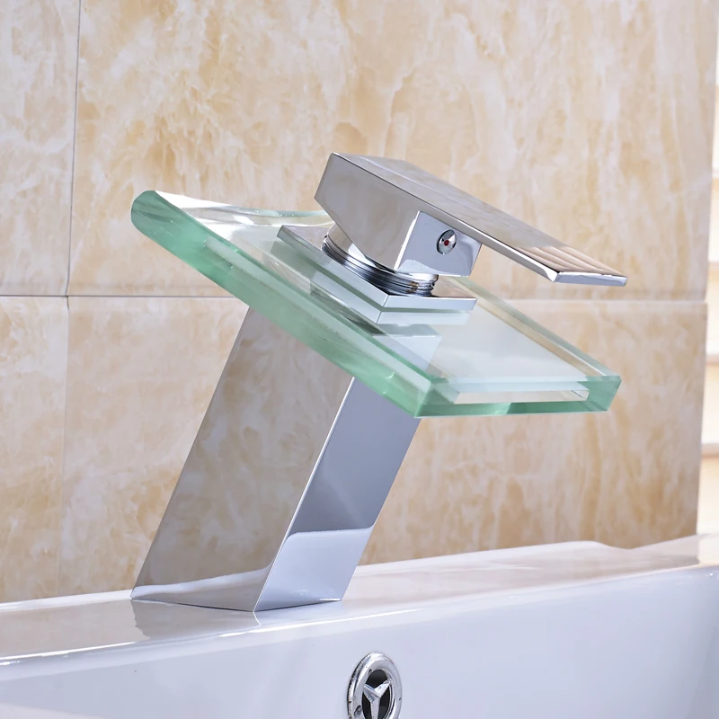 Solid Brass Waterfall Bathroom Sink Faucet with Glass Spout Chrome Finish Deck Mounted