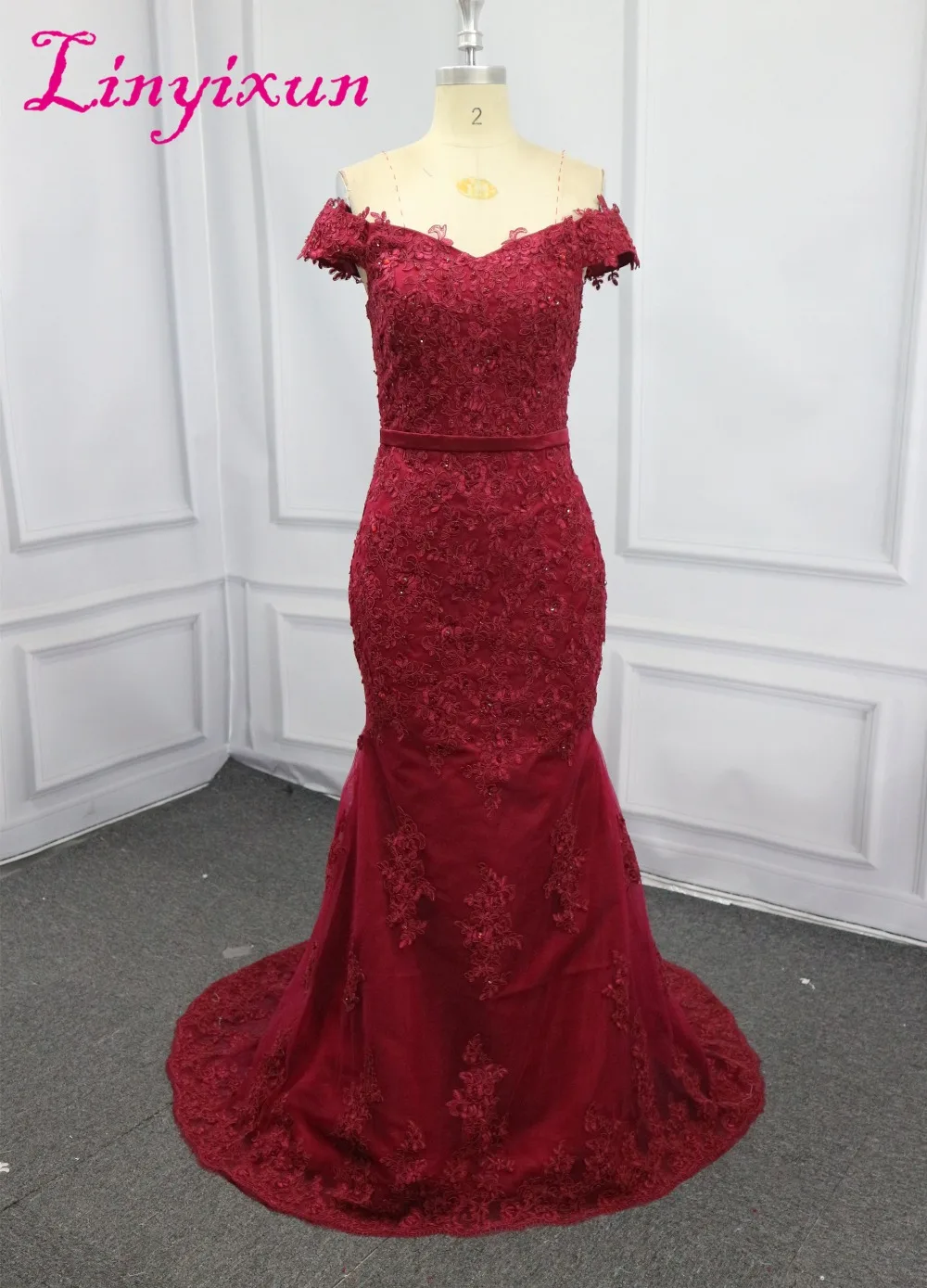 Linyixun New Elegant Off the Shoulder Beaded Mermaid Prom Dresses Short Sleeves Lace Appliques Long Formal Evening | Свадьбы и