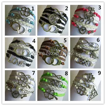 20pcs( Mixed 9 styles)Freendom Bracelet Clover angel wings notes butterfly owl tree branches Eiffel Tower Charms bracelet
20pcs( Mixed 9 styles)Freendom Bracelet Clover angel wings notes butterfly owl tree branches Eiffel Tower Charms bracelet