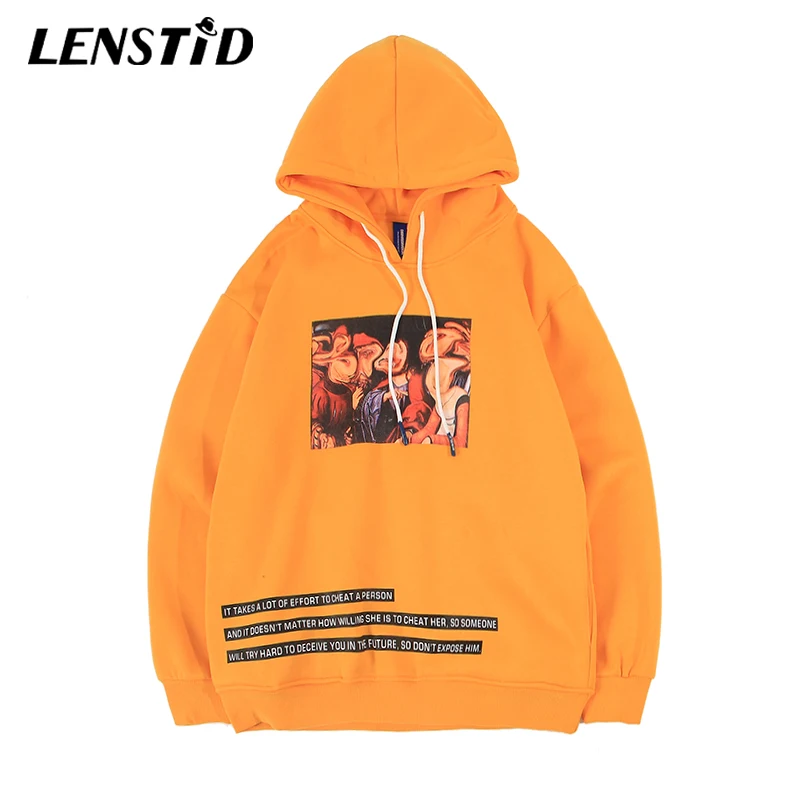LENSTID 2019 Winter New Hip Hop Streetwear Orange Men Sweatshirt Twisted Painting Harajuku Loose Cotton Fleece Pullover Hoodie | Мужская