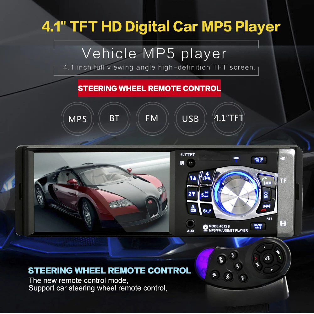 Universal 4.1" 1 Din Car Audio Auto Radio Stereo MP5 Player FM BT 2.0 Support Rear View Camera USB Steering Wheel Remote Control
Universal 4.1" 1 Din Car Audio Auto Radio Stereo MP5 Player FM BT 2.0 Support Rear View Camera USB Steering Wheel Remote Control