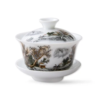 

small gaiwan 80cc porcelain tureen China ceramic tea bowl set covered bowl with lid cup saucer under glaze mountain river print