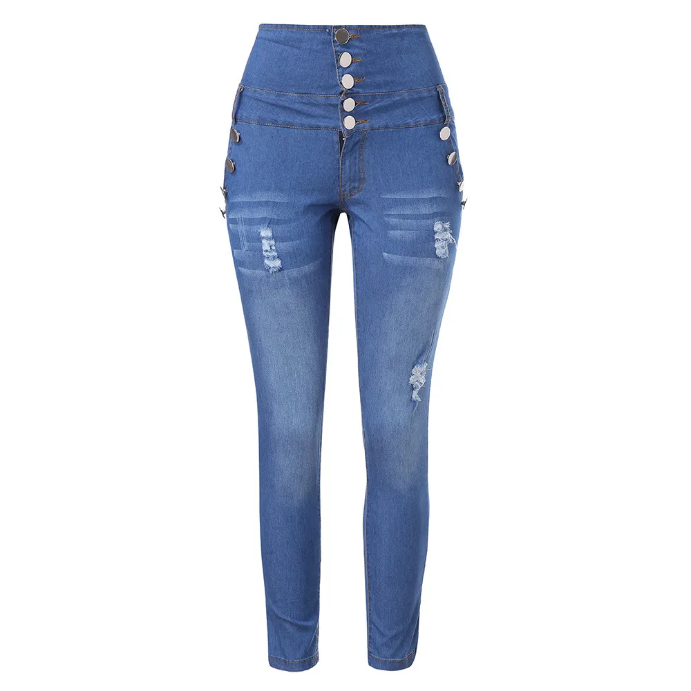 

JAYCOSIN jeans Casual Women jeans Autumn Elastic ButtoPlus Loose Hole Denim Small Feet Cropped Jean High waist Blue plus size