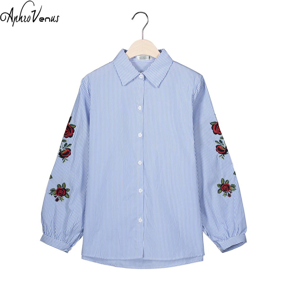 Rose Floral Embroidery Striped Blouse Women Long Sleeve Shirt Casual Cotton Blusa Plus Size kimono Tops Office Lady Blusas 2017 7