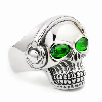 

LINSION Green CZ Eyes 925 Sterling Silver DJ Skull Ring Studio Music Headphone Mens Biker Rock Punk Style 8Y811 US Size 7 to 15