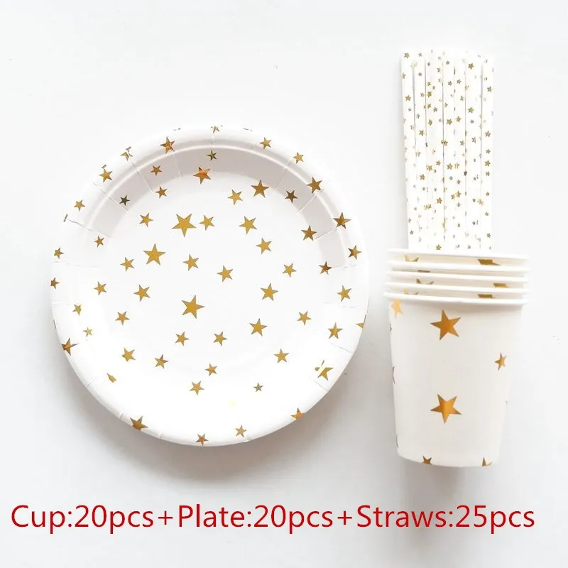 65pcs Gold Foil Star Disposable Tableware Christmas New Year Party Paper Plates Cups Birthday Party Supplies Plastic Straws
65pcs Gold Foil Star Disposable Tableware Christmas New Year Party Paper Plates Cups Birthday Party Supplies Plastic Straws