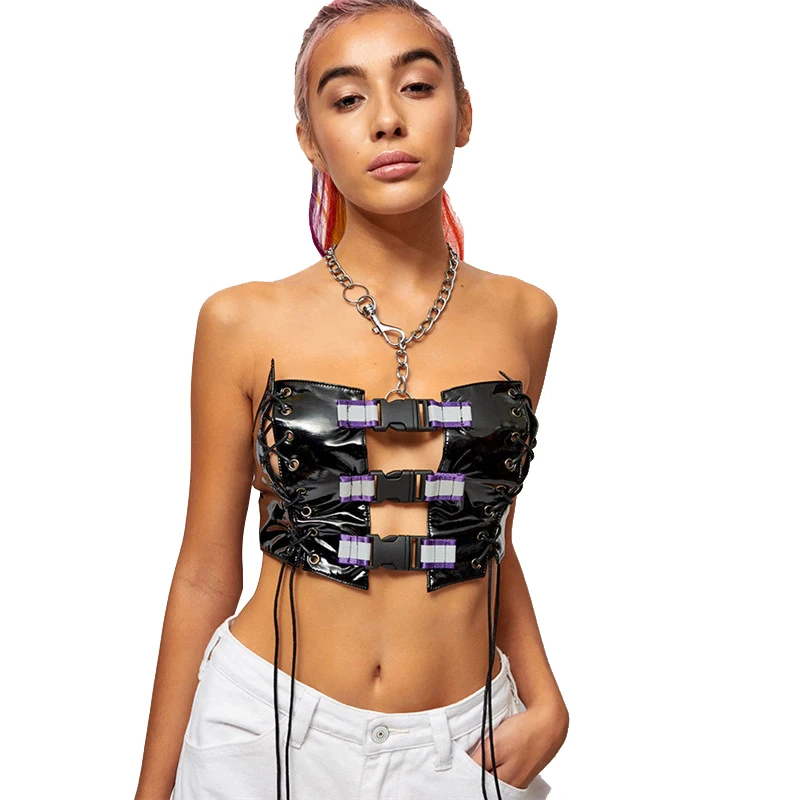2019 New Sexy PU Leather Short Crop Tops Women Reflective Patchwork Button Hollow Out Girl Sexy Party Club Casual Top Tees
2019 New Sexy PU Leather Short Crop Tops Women Reflective Patchwork Button Hollow Out Girl Sexy Party Club Casual Top Tees