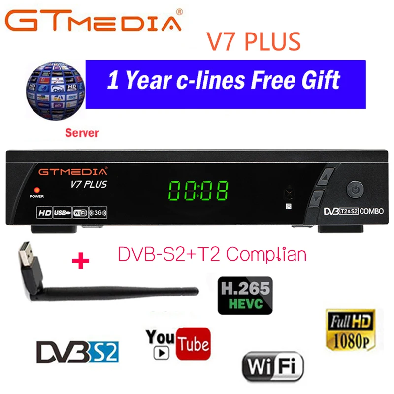 100% Original New Arrival GTMEDIA V7 PLUS DVB-S2 DVB-T2 Satellite TV Combo Receiver with wifi Support H.265+Spain Italy 7 Clines
100% Original New Arrival GTMEDIA V7 PLUS DVB-S2 DVB-T2 Satellite TV Combo Receiver with wifi Support H.265+Spain Italy 7 Clines
