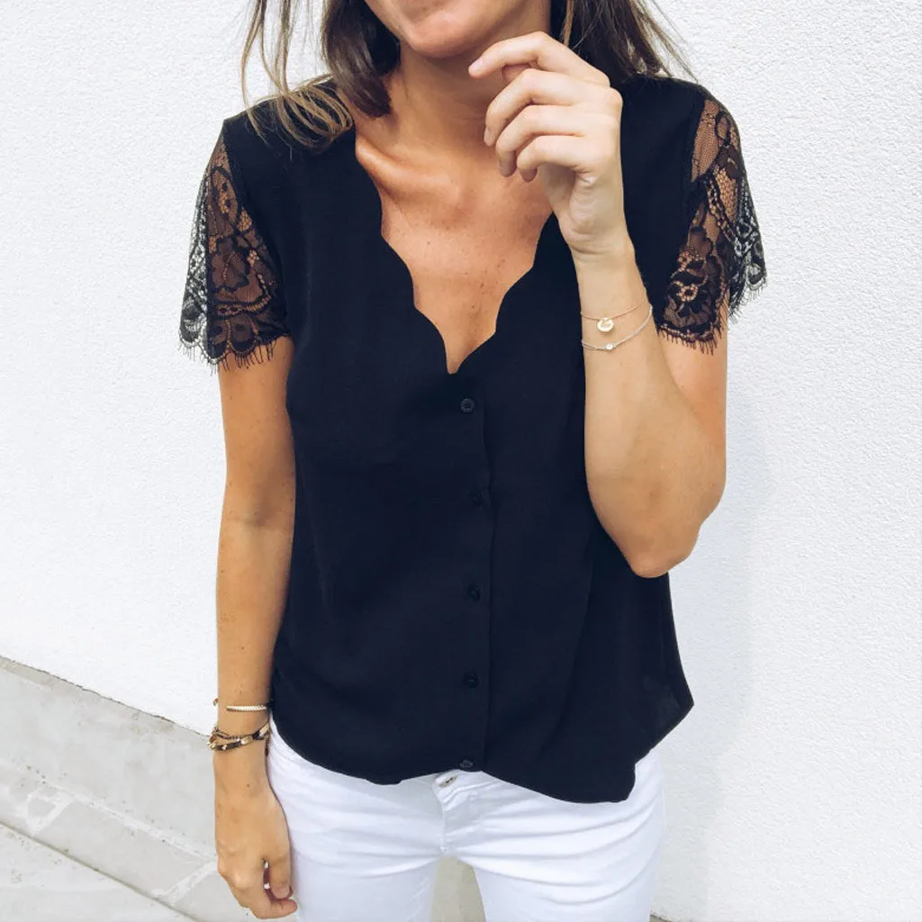 Fashion Women Summer Lace T-Shirt Casual Short Sleeve Button Solid V-Neck Shirt Camisetas Feminina Plus Size Tops T-Shirt
Fashion Women Summer Lace T-Shirt Casual Short Sleeve Button Solid V-Neck Shirt Camisetas Feminina Plus Size Tops T-Shirt